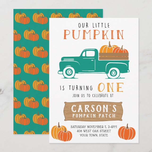 Little Pumpkin Vintage Truck Boy's First Birthday Invitation (Front/Back)