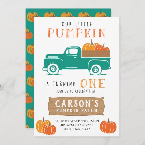 Little Pumpkin Vintage Truck Boys First Birthday Invitation