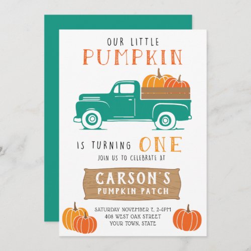 Little Pumpkin Vintage Truck Boys First Birthday Invitation