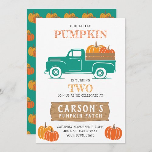 Little Pumpkin Vintage Truck Boys Second Birthday Invitation