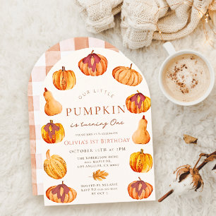 Little Pumpkin Watercolor Arch Girl 1st Birthday Invitation