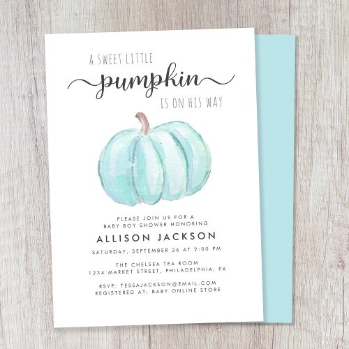 Little Pumpkin Watercolor Baby Boy Shower Invitation