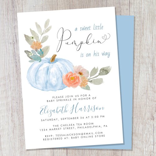 Little Pumpkin Watercolor Baby Boy Sprinkle Invitation