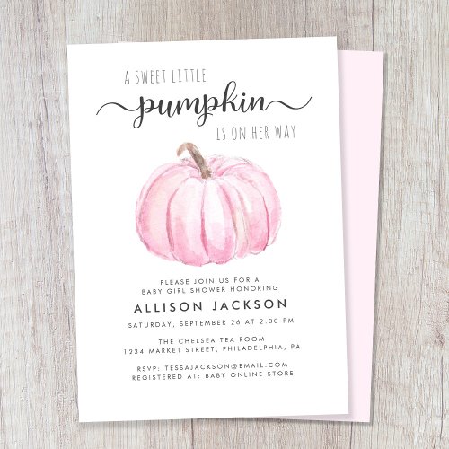 Little Pumpkin Watercolor Baby Girl Shower Invitation