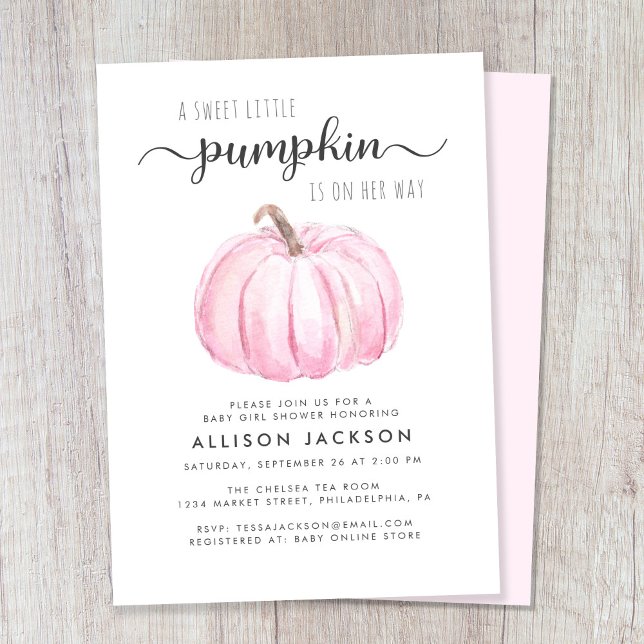 Little Pumpkin Watercolor Baby Girl Shower Invitation (Celebrate the upcoming arrival of your autumn baby girl with a pink pumpkin-themed baby shower)