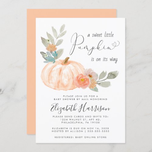 Little Pumpkin Watercolor Baby Shower By Mail Invitation