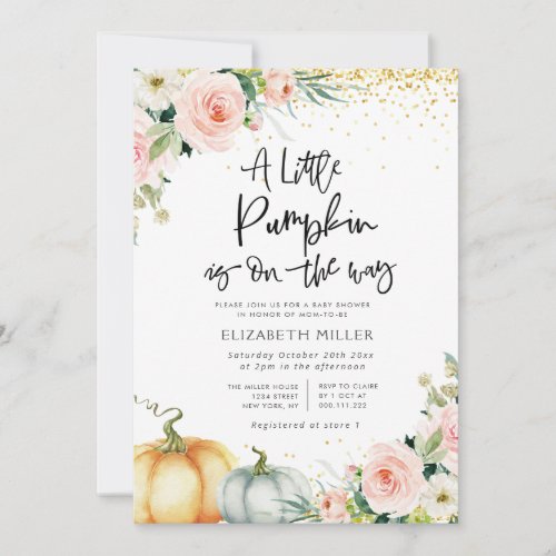 little pumpkin watercolor blush floral invitation