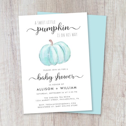 Little Pumpkin Watercolor Couples Baby Boy Shower Invitation