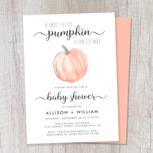 Little Pumpkin Watercolor Couples Baby Shower Invitation