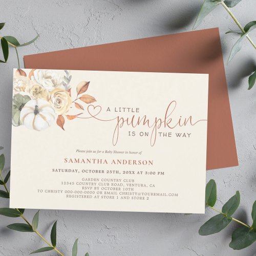 Little Pumpkin Watercolor Fall Floral Baby Shower Invitation