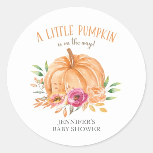 Little Pumpkin Watercolor Floral Baby Shower Classic Round Sticker