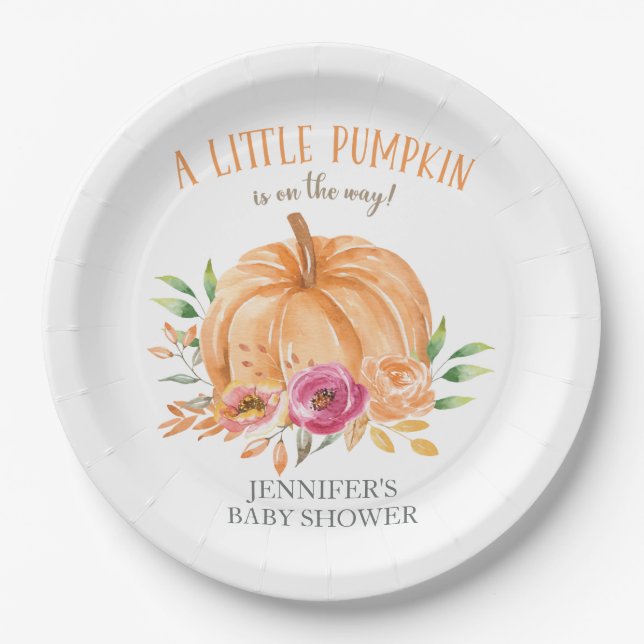 Little Pumpkin Watercolor Floral Baby Shower Paper Plates (Front)