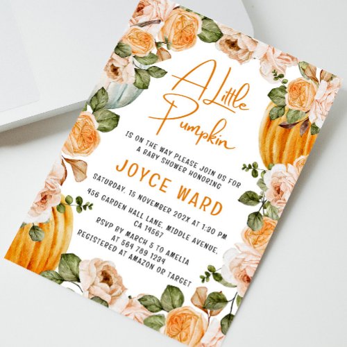 Little Pumpkin Watercolor Floral Fall Baby Shower Invitation