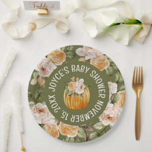 Little Pumpkin Watercolor Floral Fall Baby Shower Paper Plates