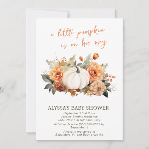 Little Pumpkin Watercolor Floral Girl Baby Shower Invitation