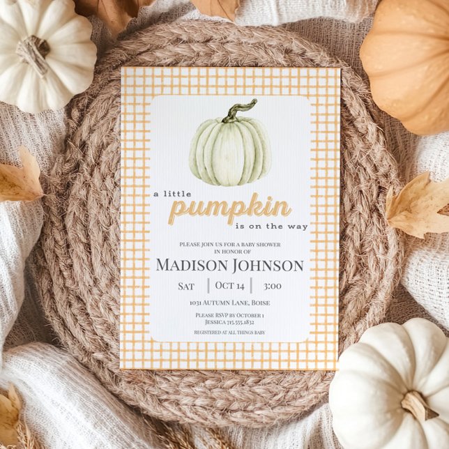Little Pumpkin Watercolor Orange Plaid Baby Shower Invitation (Creator Uploaded)
