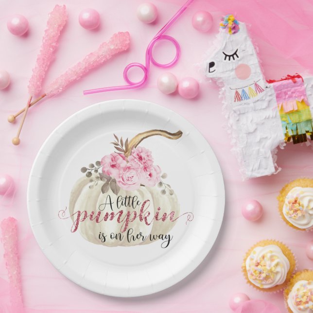 Little Pumpkin Watercolor Pink Floral Paper Plates (Party)