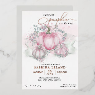 Little Pumpkin Watercolor Pink Girl Baby Shower Foil Invitation