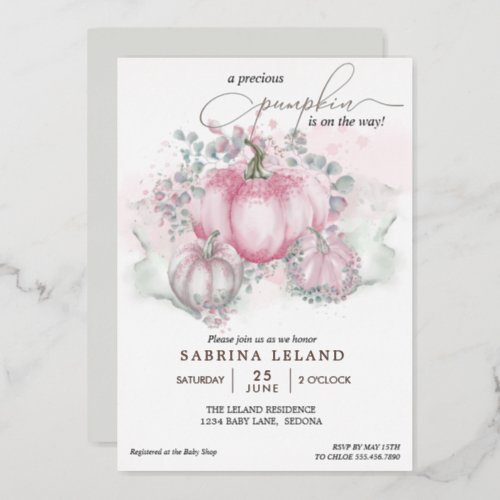 Little Pumpkin Watercolor Pink Girl Baby Shower Foil Invitation