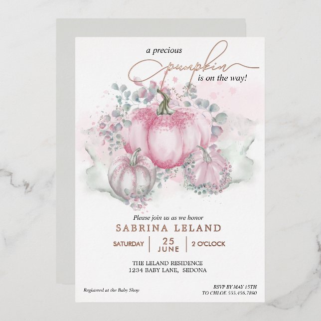 Little Pumpkin Watercolor Pink Girl Baby Shower Foil Invitation (Front/Back)