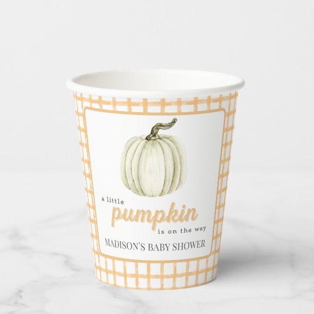 Little Pumpkin Watercolor Plaid Fall Baby Shower  Paper Cups (Front)