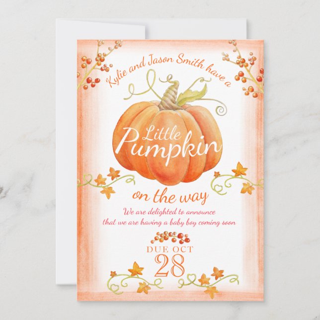 Little pumpkin watercolor pregnancy announcement (Front)