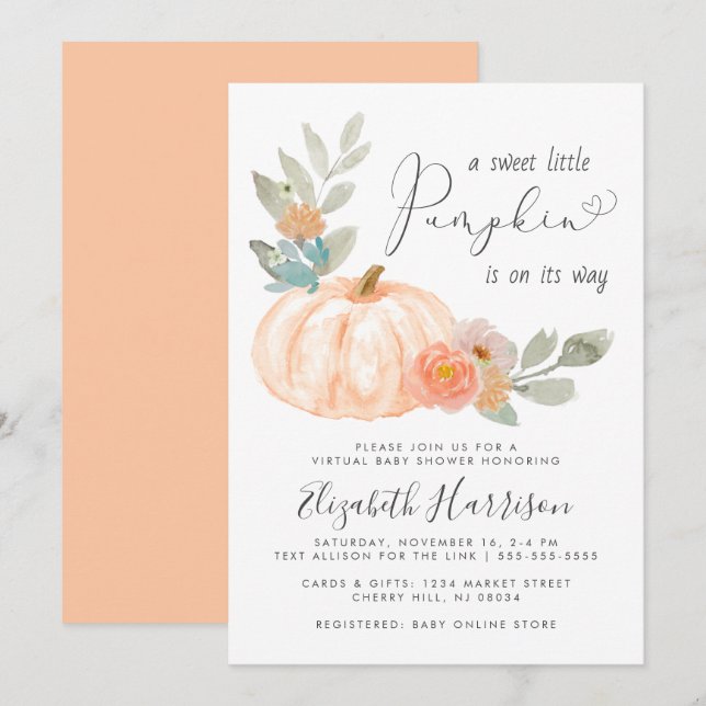 Little Pumpkin Watercolor Virtual Baby Shower Invitation (Front/Back)