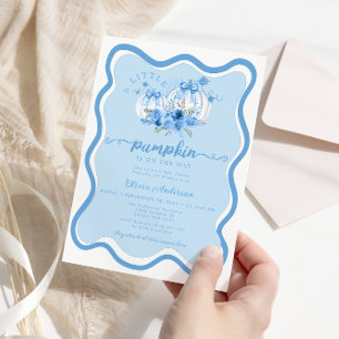Little Pumpkin Wave Frame Bow Blue Baby Shower Invitation