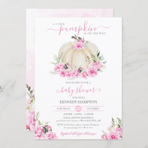 Little Pumpkin White Pink Floral Girl Baby Shower Invitation