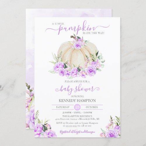 Little Pumpkin White Purple Rose Girl Baby Shower Invitation