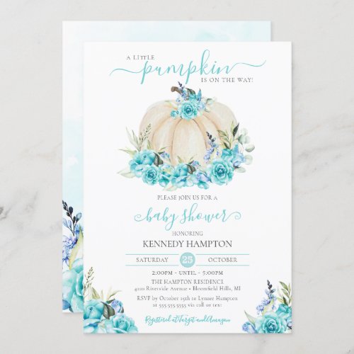Little Pumpkin White Turquoise Blue Baby Shower Invitation