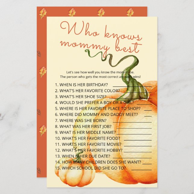 Little Pumpkin Who knows mommy best game (Front/Back)