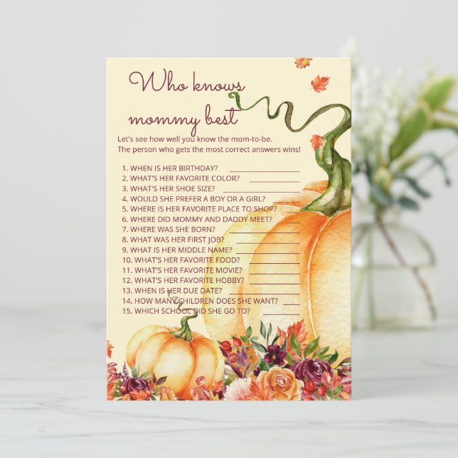 Little pumpkin Who knows mommy best game Invitation (Standing Front)