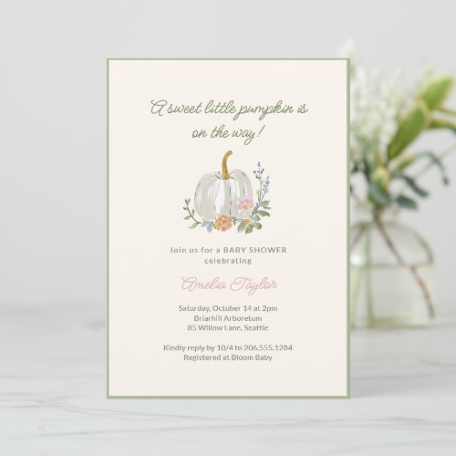 Little Pumpkin Wildflower Sage Fall Baby Shower Invitation