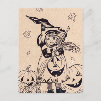 Little Pumpkin Witch broom halloween postcard