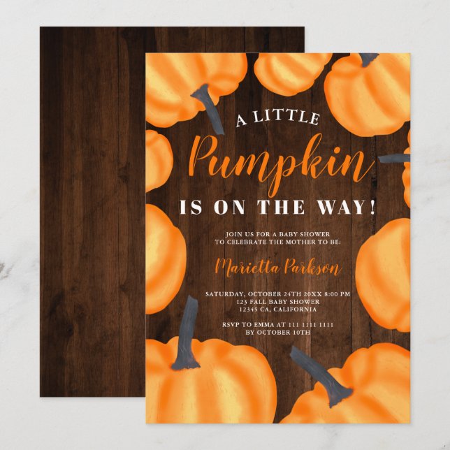 Little pumpkin wood orange fall baby shower invitation (Front/Back)