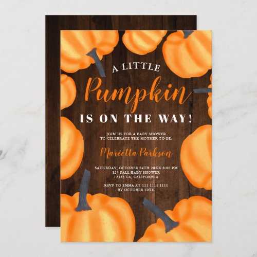 Little pumpkin wood orange fall baby shower invitation