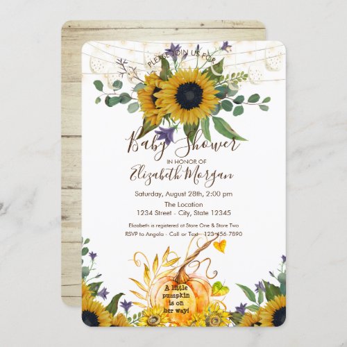 Little Pumpkin Wood Sunflowers Baby Shower  Invitation