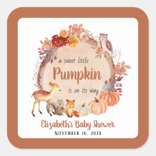 Little Pumpkin Woodland Animals Baby Shower Square Sticker