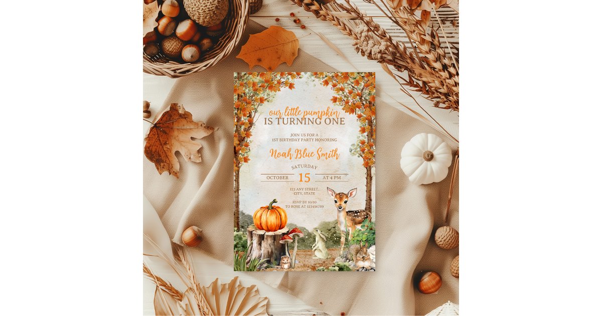 Little Pumpkin Woodland Animals Fall 1st birthday Invitation | Zazzle