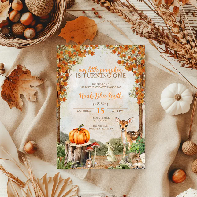 Little Pumpkin Woodland Animals Fall 1st birthday Invitation | Zazzle