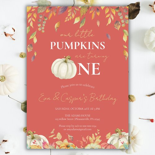 Little Pumpkins Twin 1st Birthday Watercolor Fall Invitation