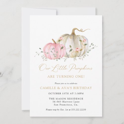 Little Pumpkins Twins Girl 1st Birthday Invitation