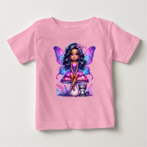 Little Purple Fairy Sitting on a Mushroom Baby T_Shirt