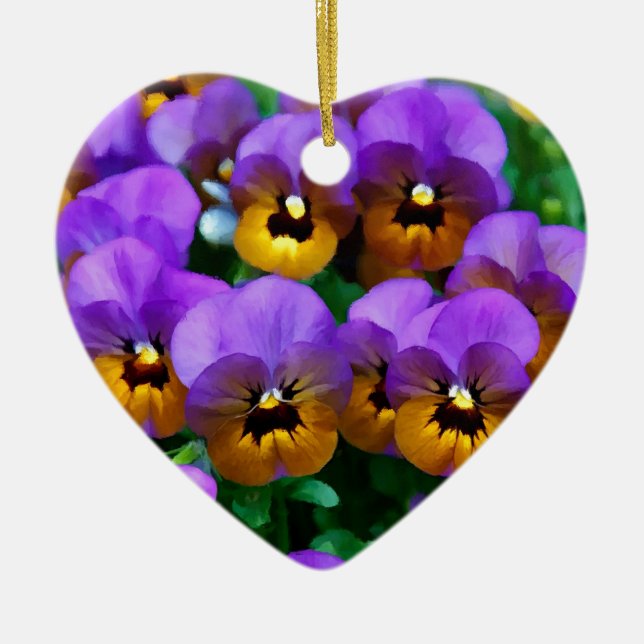 Little Purple Pansies Trimmed in Yellow Gold Ceramic Ornament (Front)