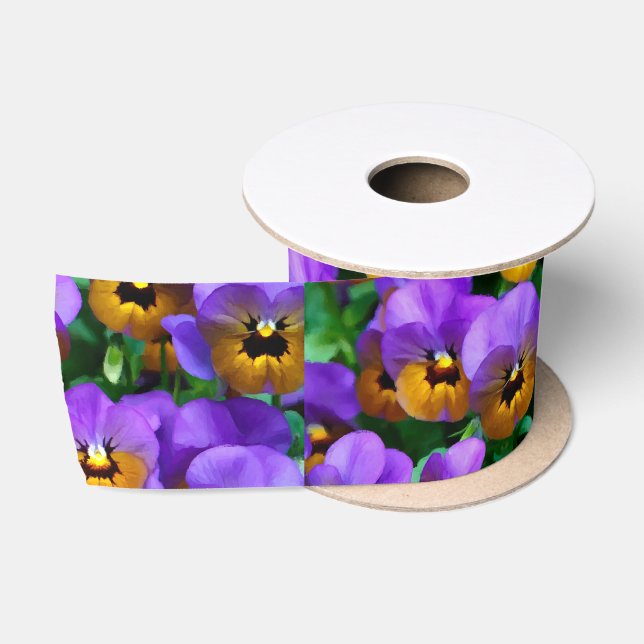 Little Purple Pansies Trimmed in Yellow Gold Satin Ribbon (Spool)