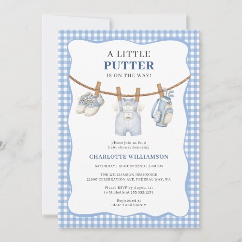 Little Putter Blue Golf Clothesline Baby Shower Invitation