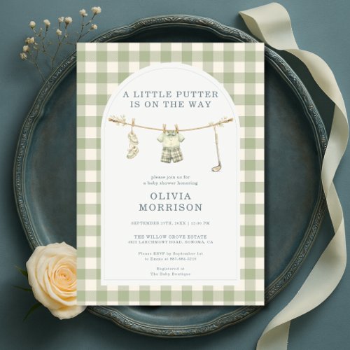 Golf Sage green Gingham or plaid baby shower invitation