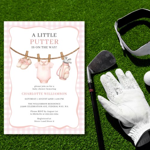 Little Putter Pink Golf Clothesline Baby Shower Invitation