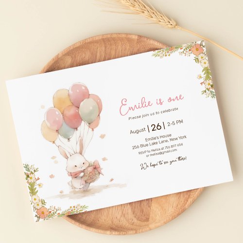 Little Rabbit Balloon First Birthday Invitation